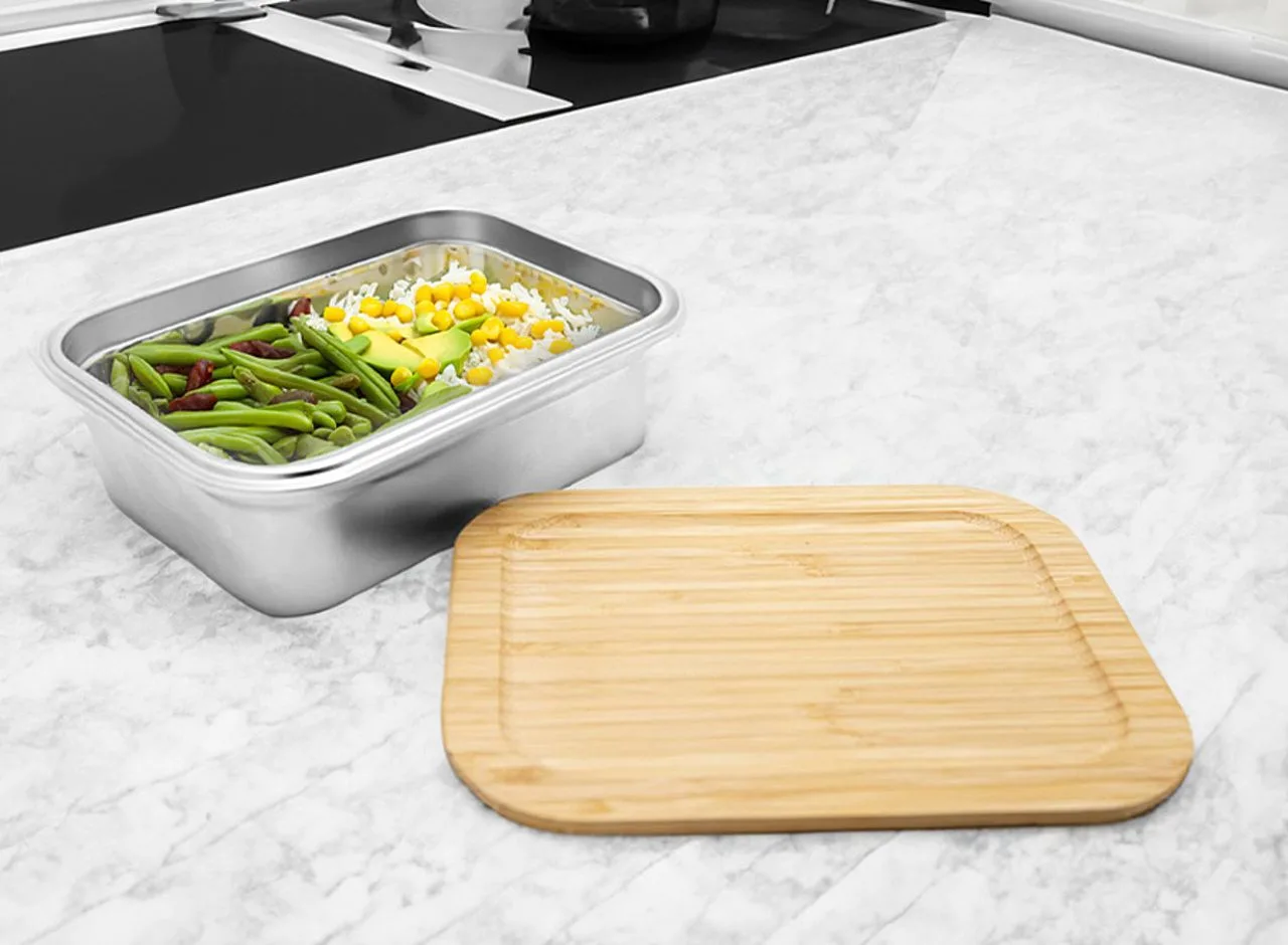 Vue 3 de Bento 'Osaka', inox pour micro-onde, avec couvercle en bambou