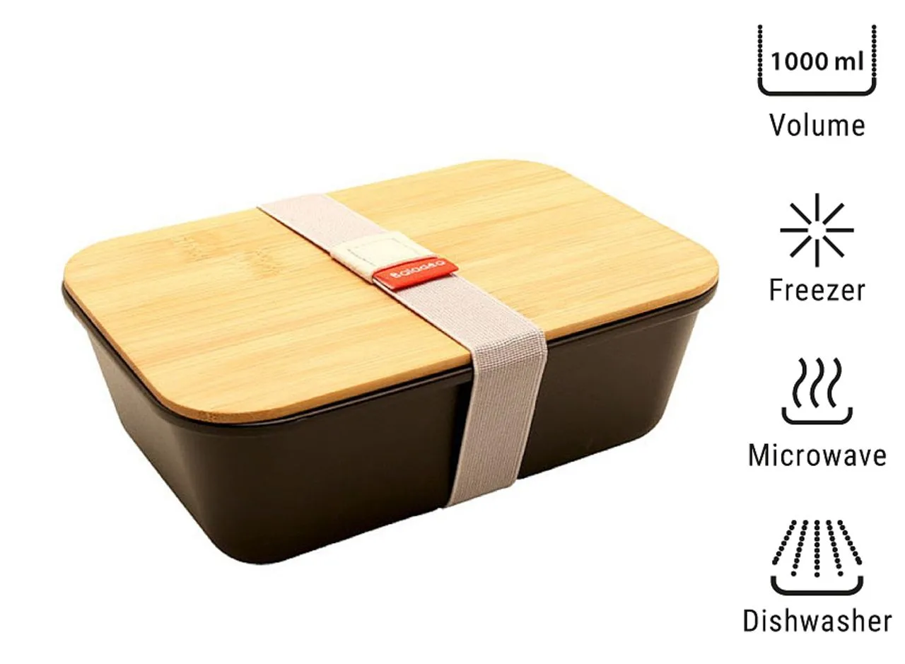 Bento 'Ikoma', noir, avec couvercle en bambou