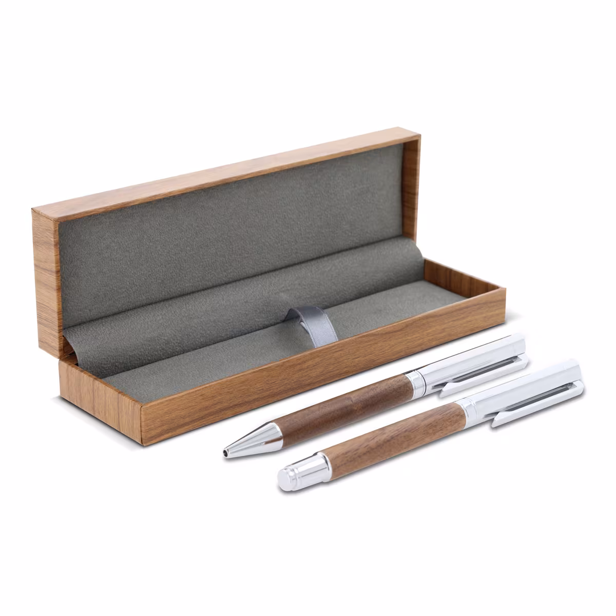 Vue 9 de Ensemble stylo à bille et roller en métal bois de noyer dans une boîte cadeau