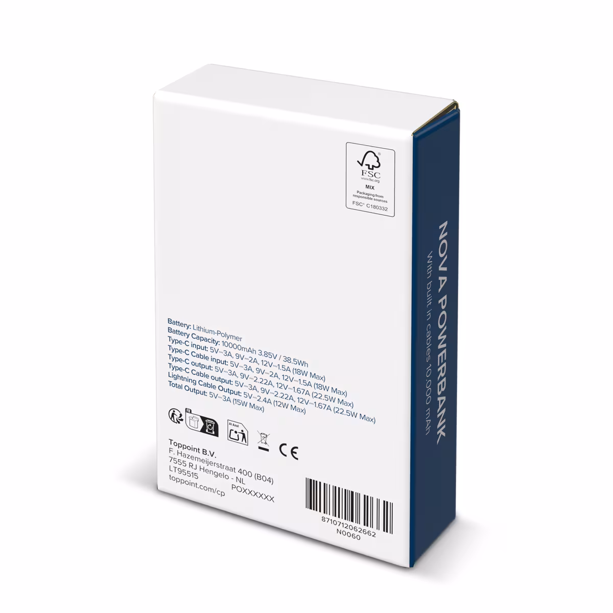 Vue 7 de Nova Powerbank 22,5 W Power Delivery avec câbles intégrés 10 000 mAh