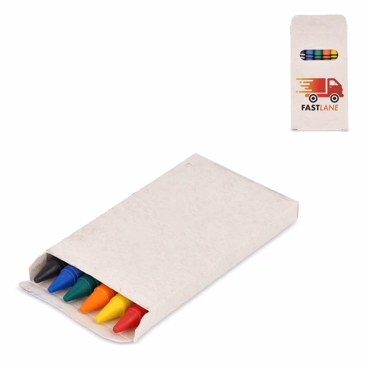 Vue 3 de 6 crayons gras de couleur dans une boîte en brique de lait recyclé