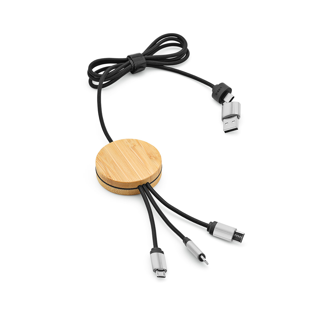 Câble de charge Feynman 5-en-1 bambou/rPET, logo lumineux