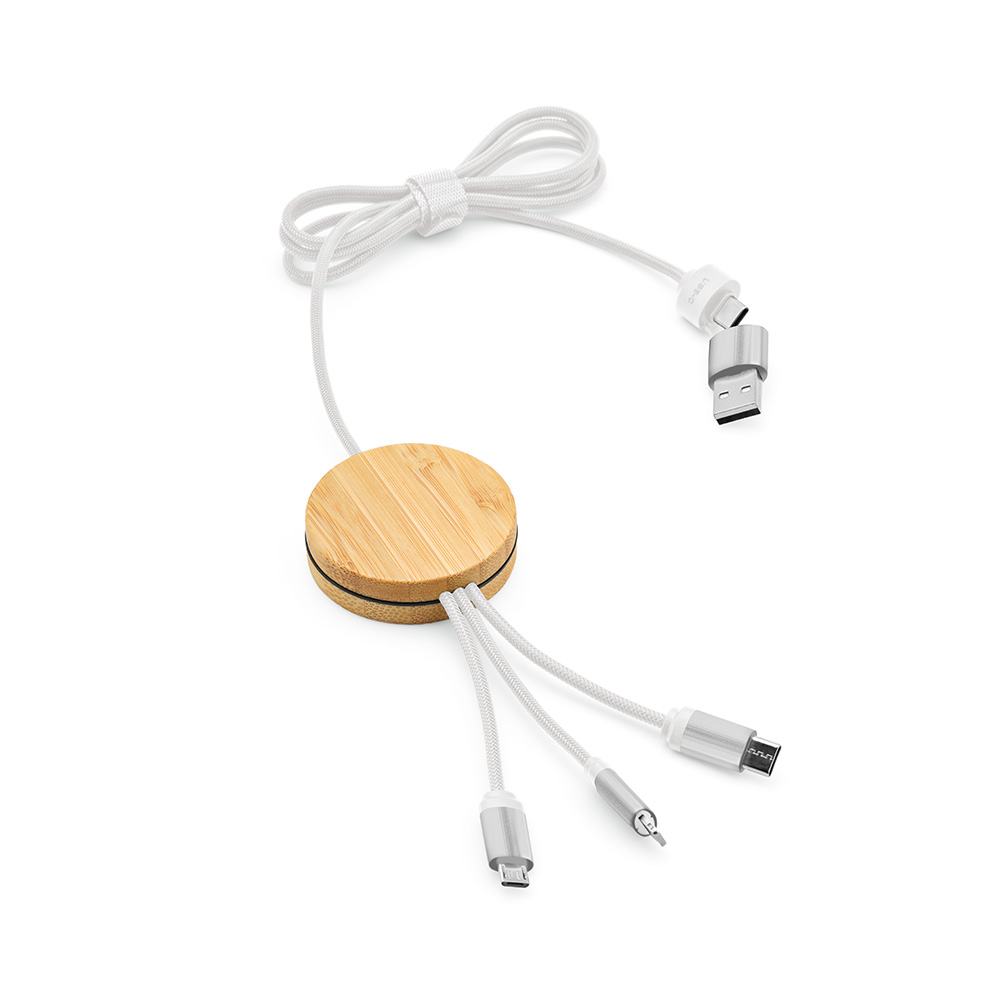 Câble de charge Feynman 5-en-1 bambou/rPET, logo lumineux