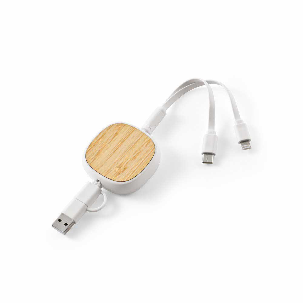 Bohr Câble 3-en-1 en rABS et Bambou. 1 m rétractable. 10 W