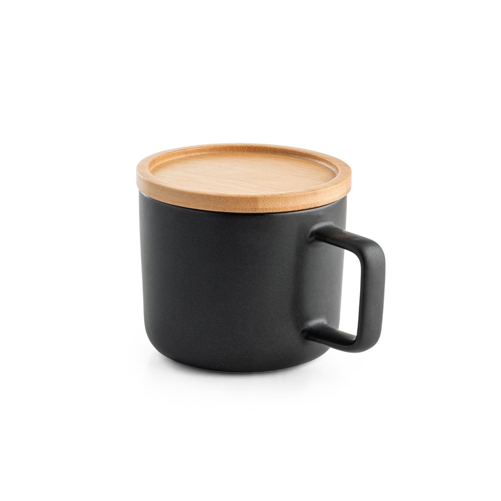 FANGIO. Tasse en céramique 220 mL avec couvercle et base en bambou