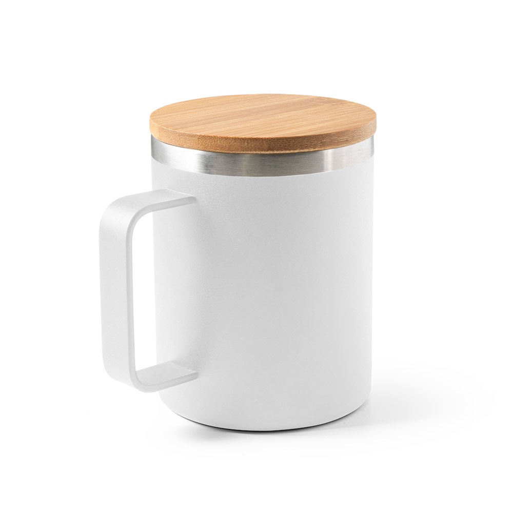 LAUDA. Mug en acier inoxydable recyclé à 90% avec couvercle en bambou 420 mL