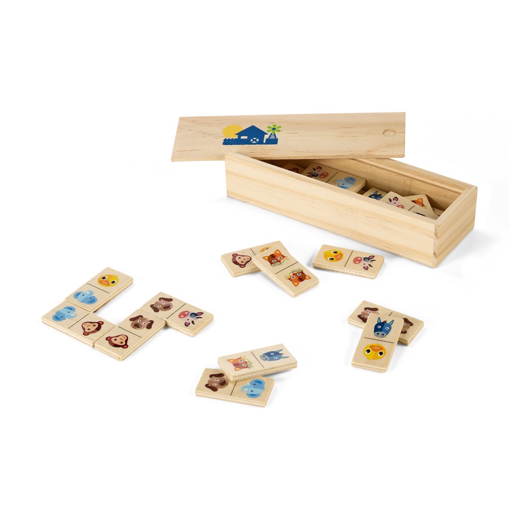 DOMIN. Jeu de dominos en bois pour enfants avec 28 des dessins d'animaux