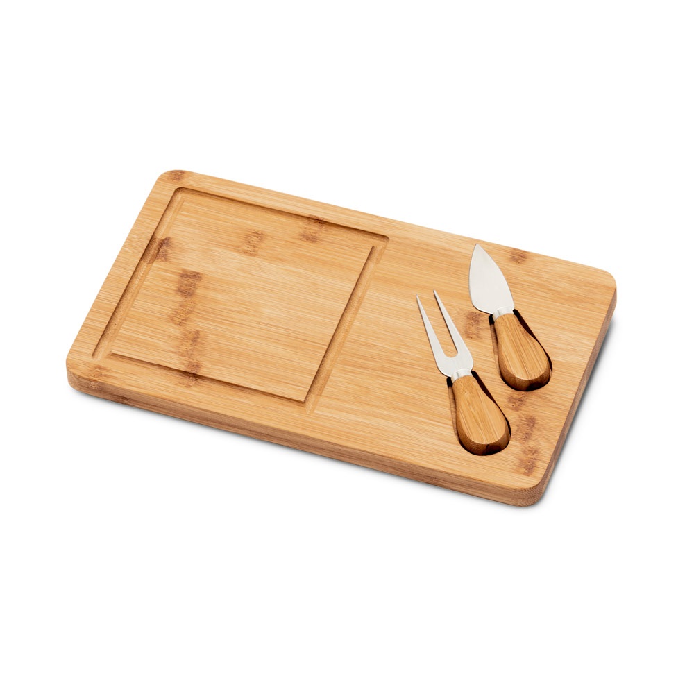 WOODS. Plateau à fromage avec 2 ustensiles en bambou e acier inoxydable