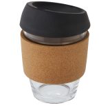 Vue 3 de Gobelet Lidan de 360 ml en verre borosilicate avec grip en liège et couvercle en silicone