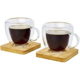 Vue 3 de Tasse Manti 2 pièces en verre à double paroi de 100 ml avec sous-verre en bambou