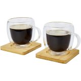 Vue 3 de Tasse Manti 2 pièces en verre à double paroi de 250 ml avec sous-verre en bambou