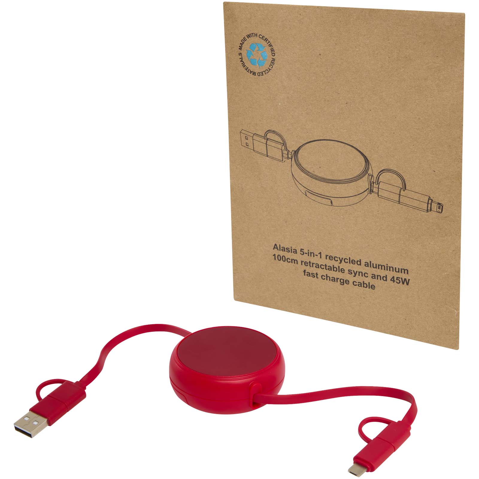Câble rétractable 5 en 1 Alasia de 100 cm en plastique recyclé et aluminium pour la synchronisation des données et la charge
