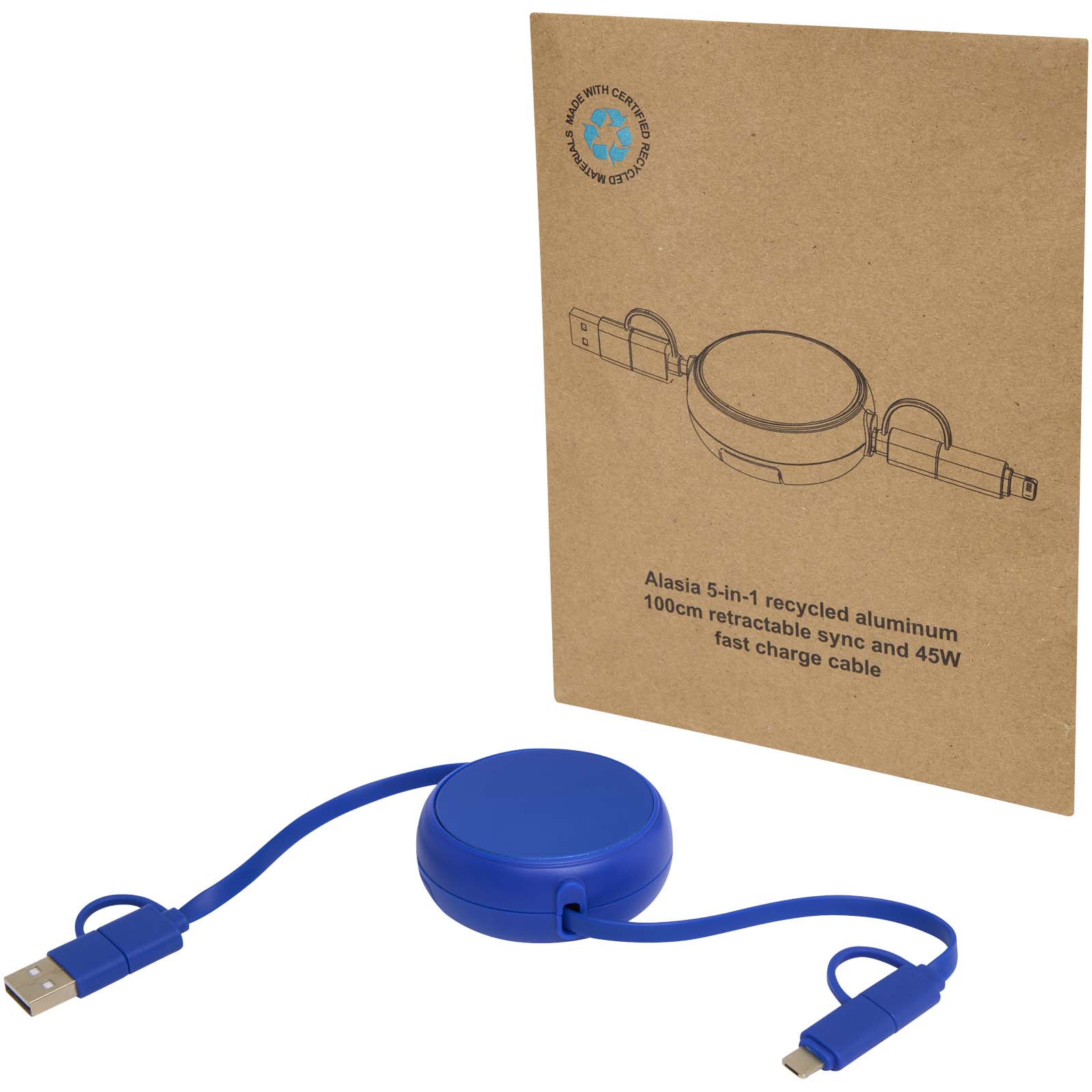 Câble rétractable 5 en 1 Alasia de 100 cm en plastique recyclé et aluminium pour la synchronisation des données et la charge