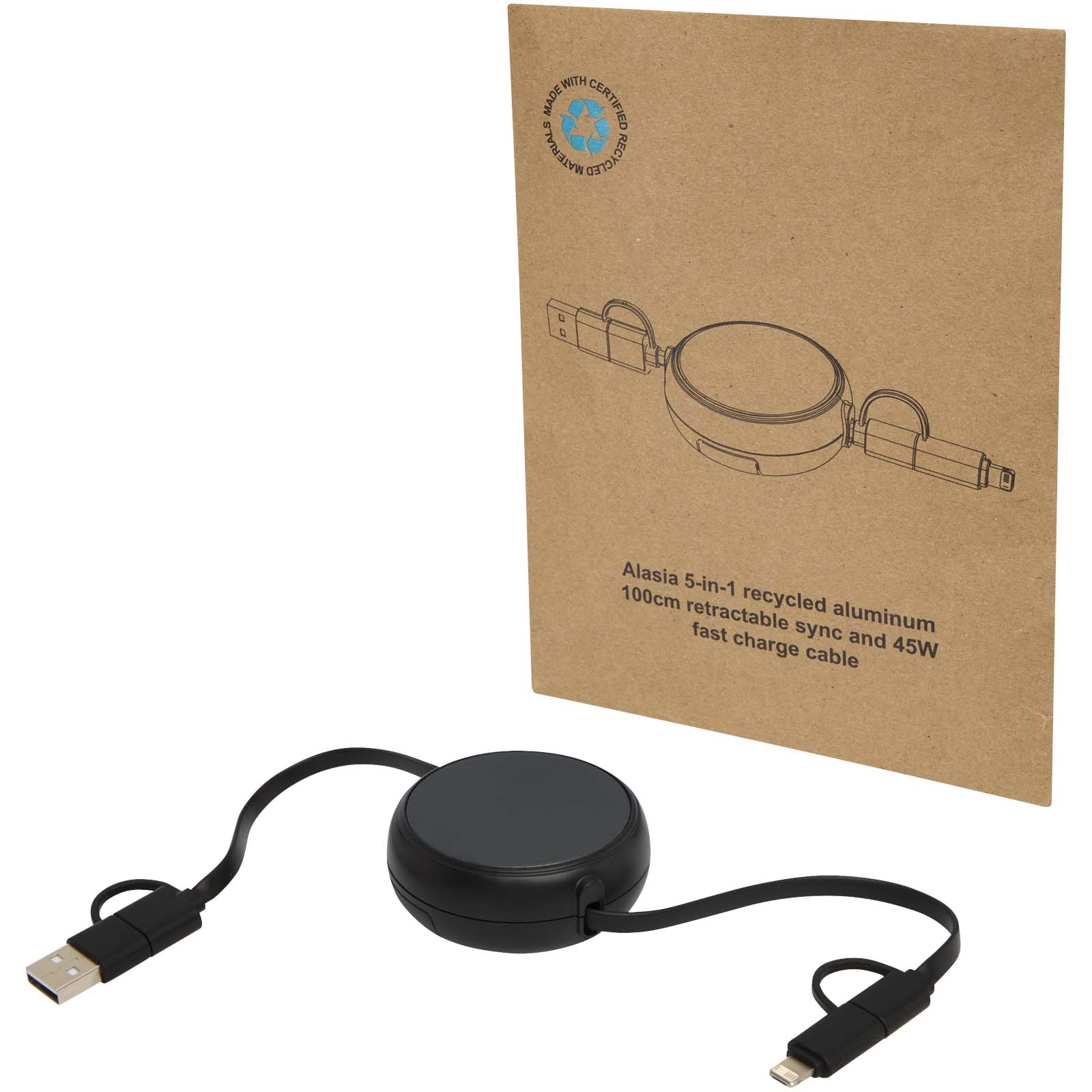 Câble rétractable 5 en 1 Alasia de 100 cm en plastique recyclé et aluminium pour la synchronisation des données et la charge