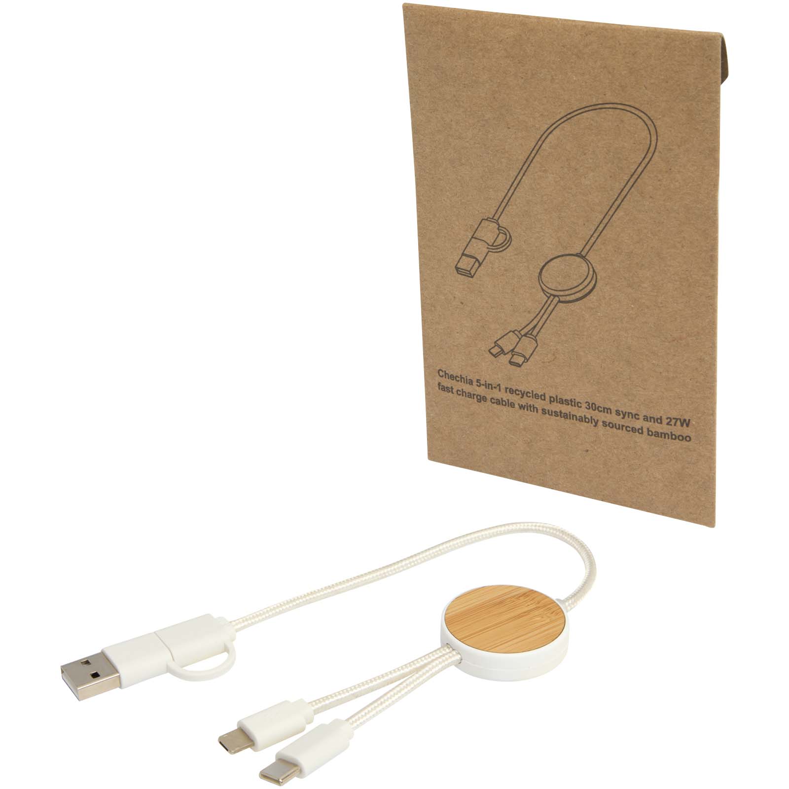 Câble 5 en 1 Chechia en plastique recyclé de 30 cm pour la synchronisation des données et la charge rapide de 27 W avec détai