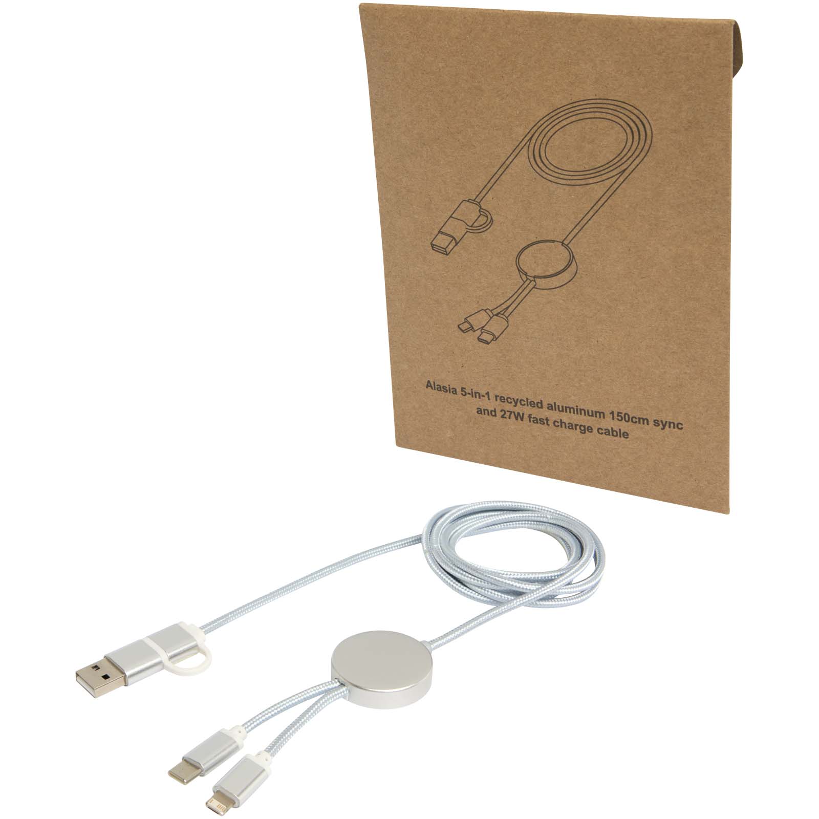 Câble 5 en 1 Alasia en aluminium et plastique recyclés de 150 cm pour la synchronisation des données et la charge rapide de 2