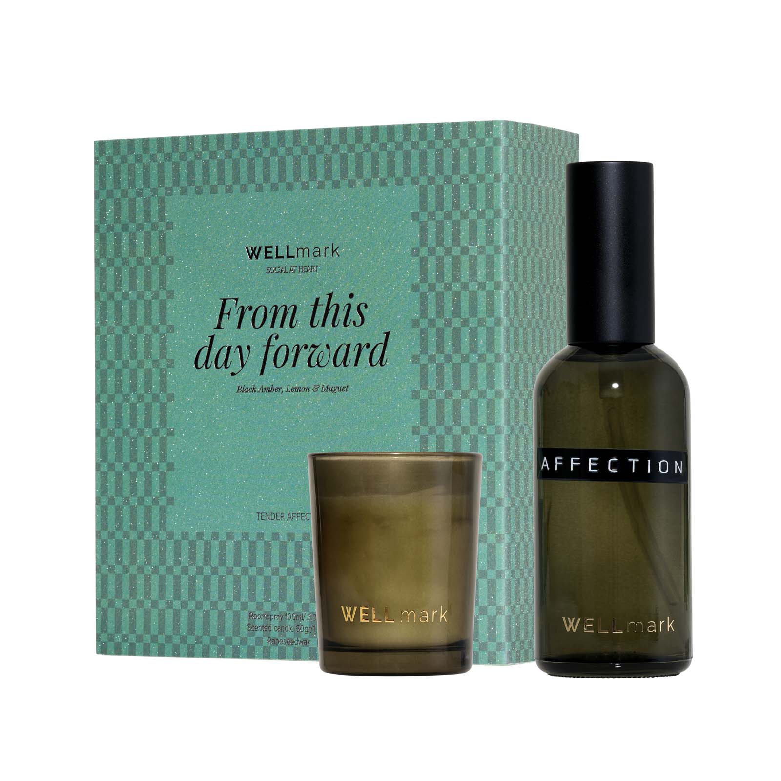 Coffret cadeau Wellmark comprenant un vaporisateur d'ambiance de 100 ml et une bougie Tender Affection de 70 ml