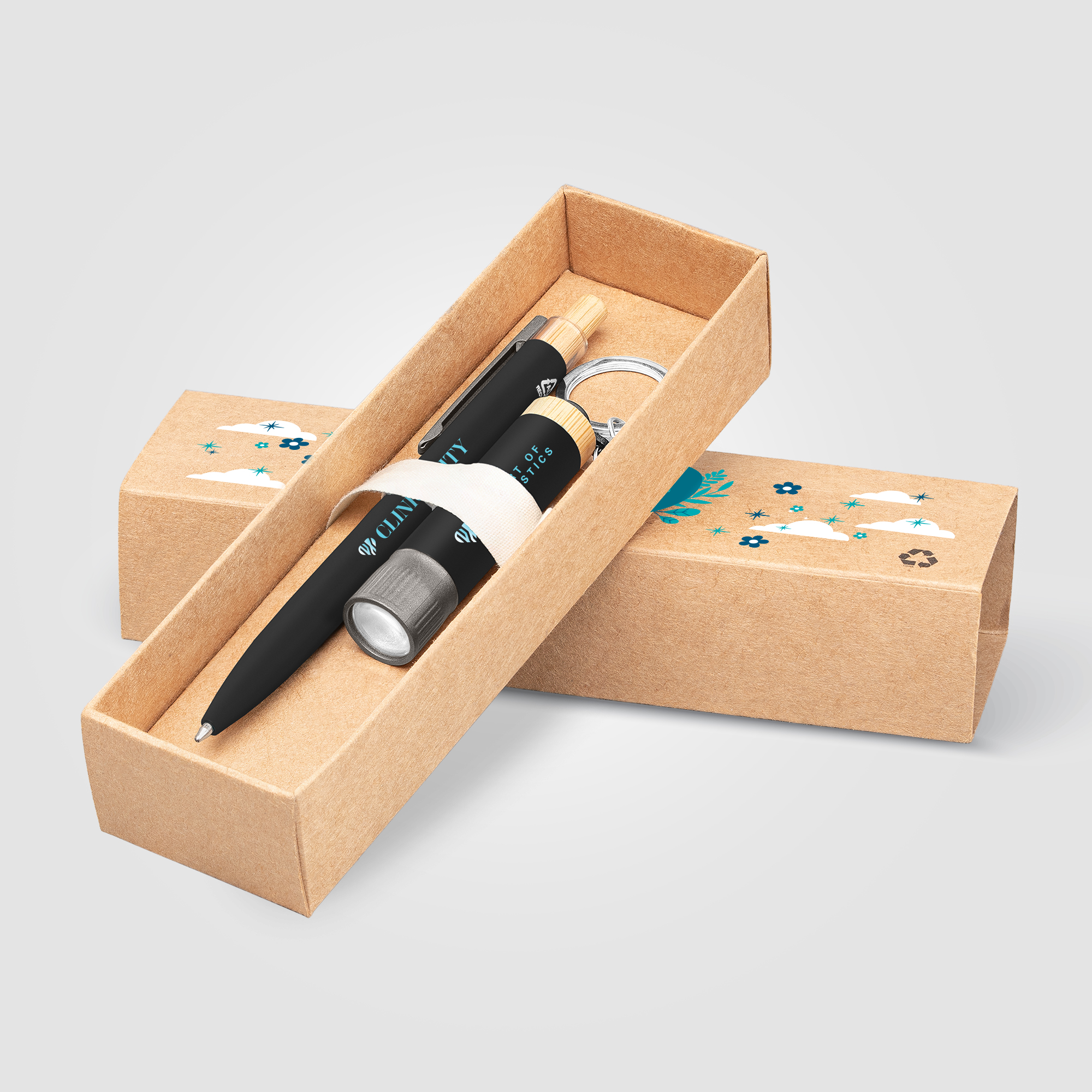 Coffret cadeau Reborn, stylo et lampe torche, aluminium recyclé avec accents en bambou - impression