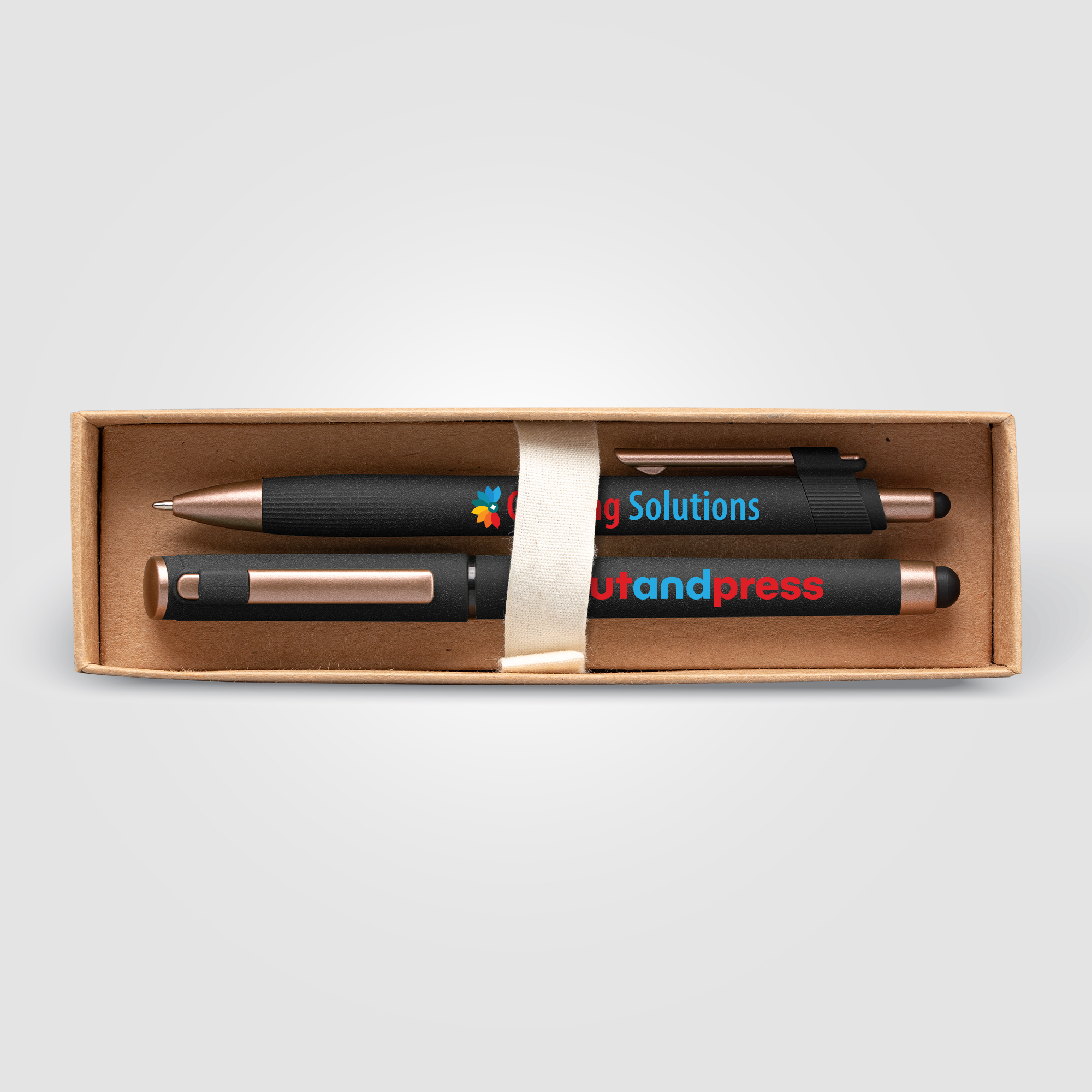 Coffret cadeau stylo York, plastique recyclé, finition bronze